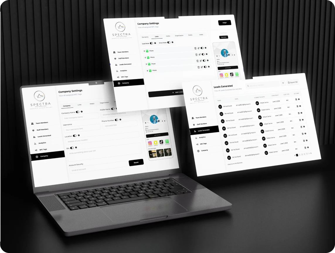Laptop and screens showing MERK profile sections together